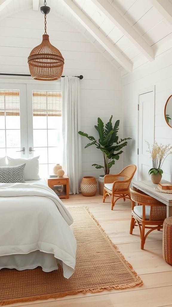 Cozy bedroom with natural fiber elements like a woven rug, light fixtures, and rattan furniture.