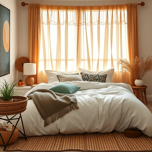 A cozy bedroom with natural fiber fabrics, featuring a plush white bed, decorative pillows, and warm sunlight streaming through sheer curtains.