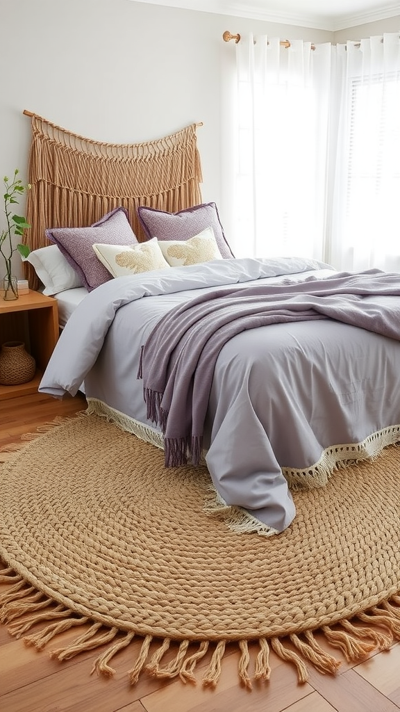 A cozy bedroom featuring a natural fiber rug, bed with soft linens, and decorative pillows.