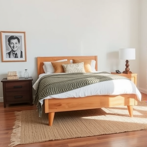 A cozy bedroom featuring a natural fiber rug, wooden bed frame, and warm-toned decor.