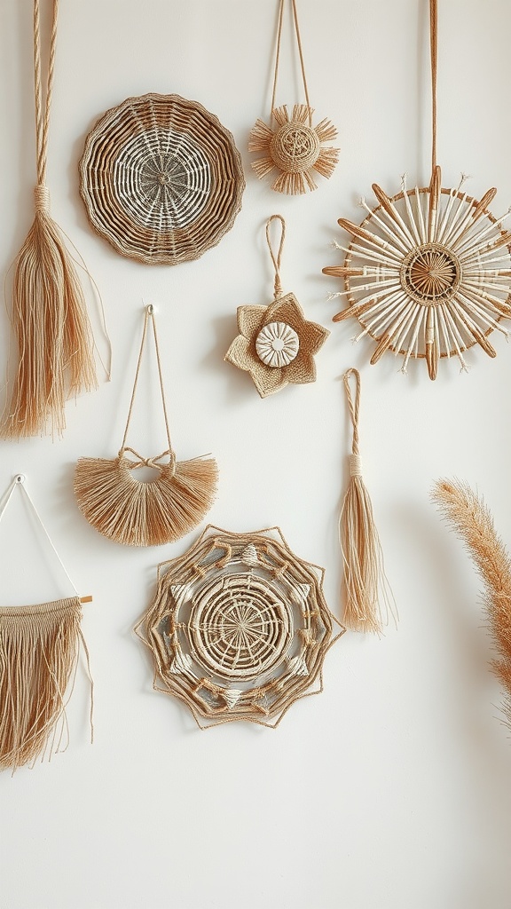 A collection of woven wall decor made from natural fibers, featuring various shapes and textures.