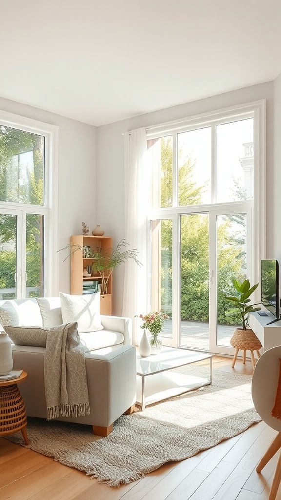 A bright living room with large windows, light-colored furniture, and natural elements.