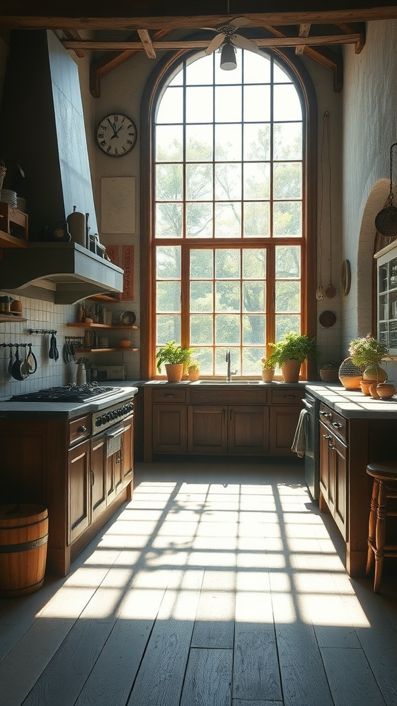 A rustic farmhouse kitchen with large windows letting in natural light, showcasing wooden cabinets and a cozy atmosphere.