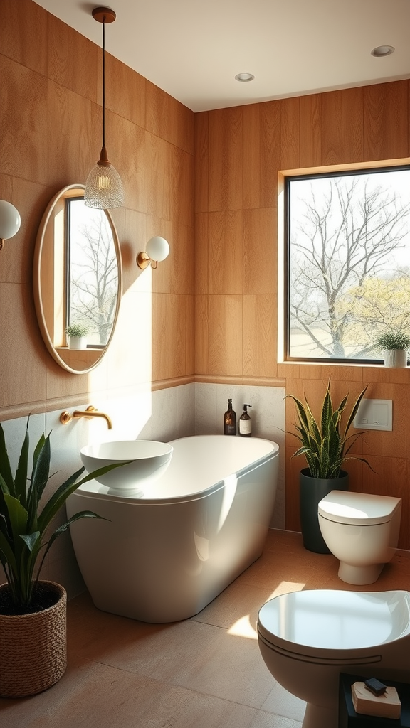 A bright bathroom featuring warm wood tones and natural plants, emphasizing natural light.