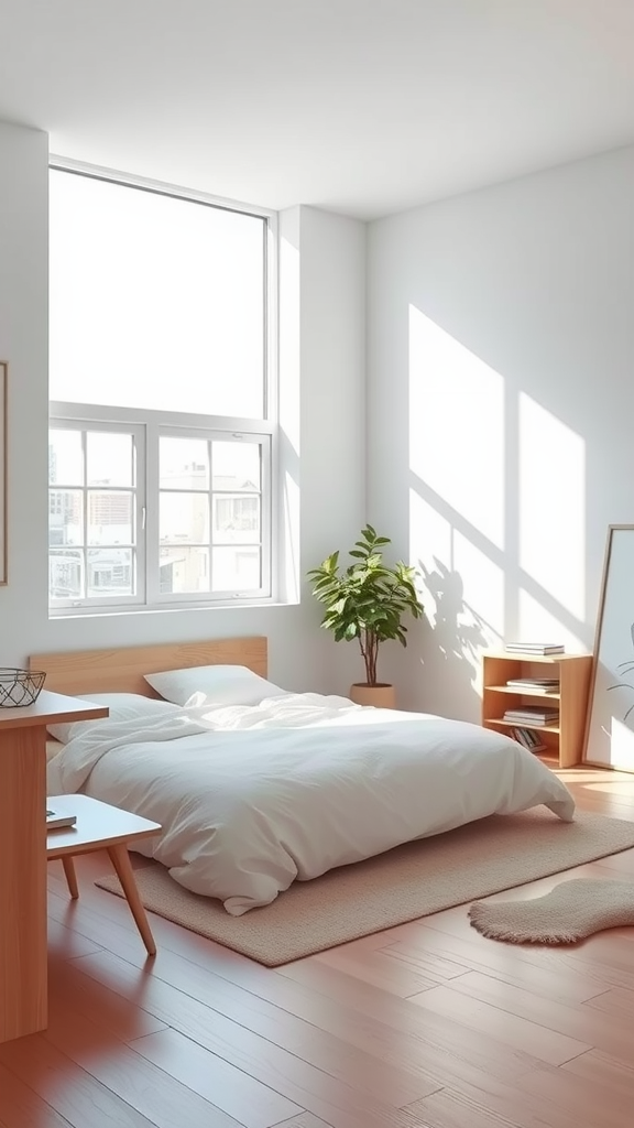 A bright minimalist bedroom with large windows and a cozy atmosphere.