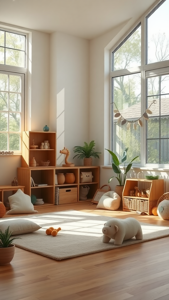 A bright and cozy playroom filled with natural light, featuring wooden shelves, a plush rug, and playful decor.