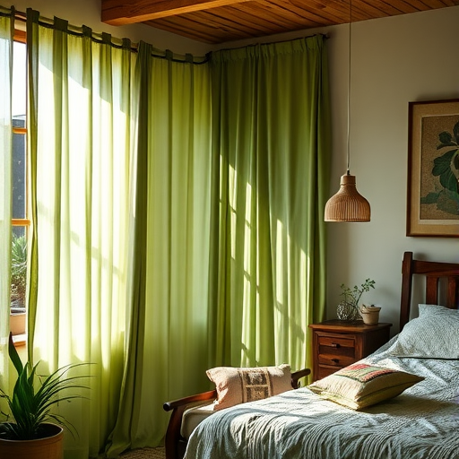 A cozy bedroom with sheer green curtains letting in natural light, a wooden bed, and plants.