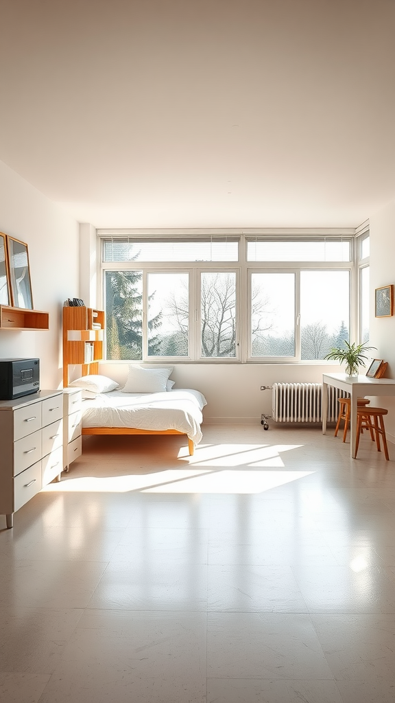 Bright minimalist dorm room with large windows and simple furniture