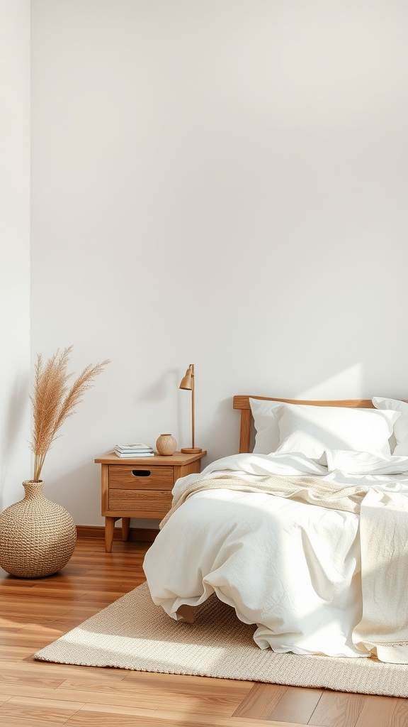 Minimalist bedroom with natural materials including wooden furniture, soft linens, and decorative plants.