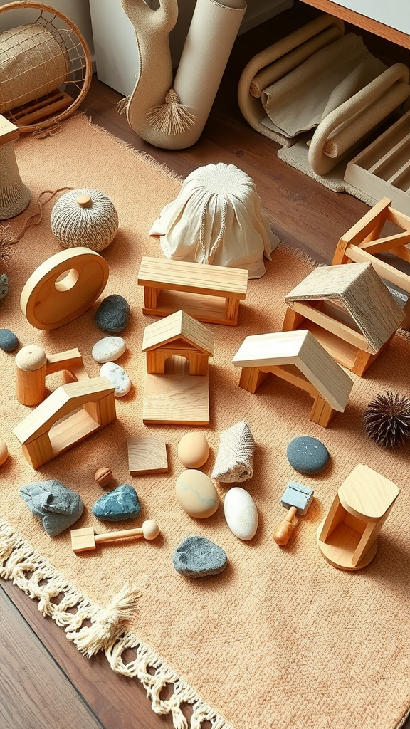 A collection of wooden and stone playsets arranged on a soft rug, showcasing natural materials.