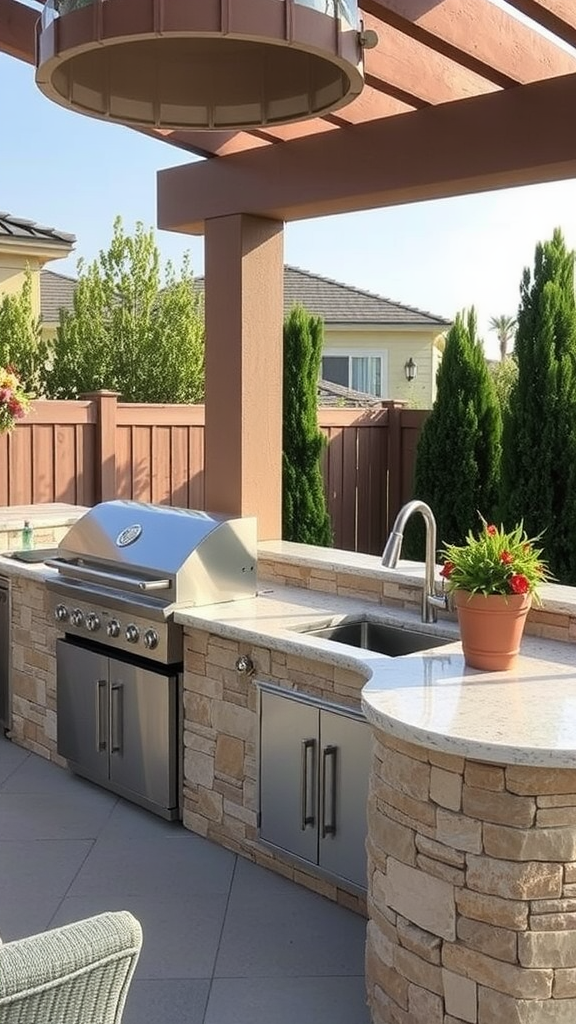 An outdoor kitchen featuring a stone countertop, stainless steel grill, and modern design.