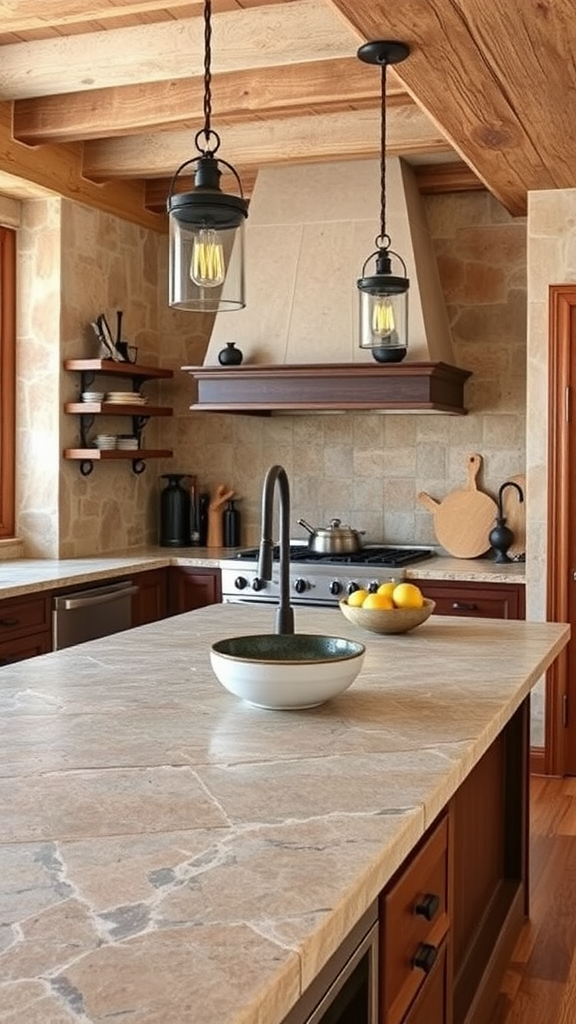 Rustic farmhouse kitchen with natural stone countertops and wooden accents.