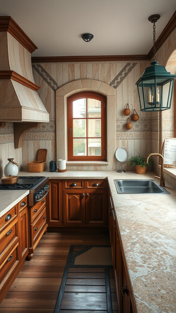 Cozy old-world kitchen featuring natural stone countertops and wooden cabinets