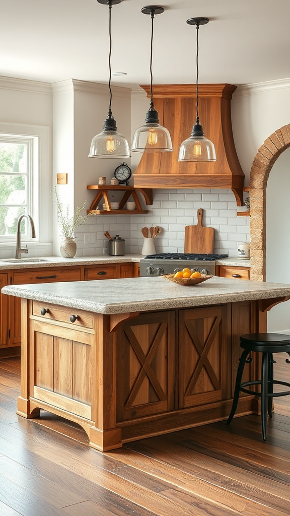 A farmhouse kitchen island with natural stone countertop and wooden cabinets.