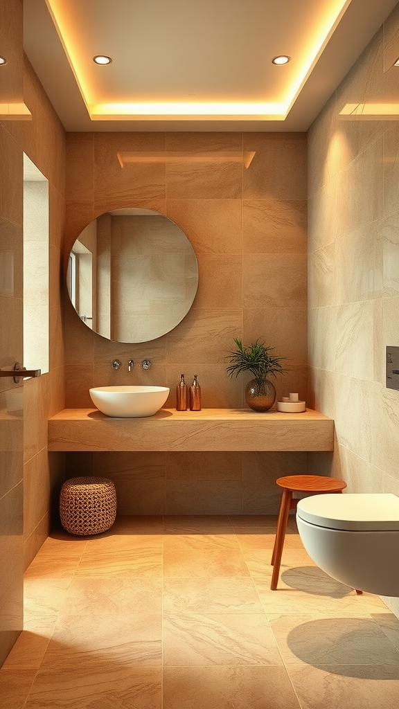 A warm-toned bathroom featuring natural stone elements, soft lighting, and a modern sink.