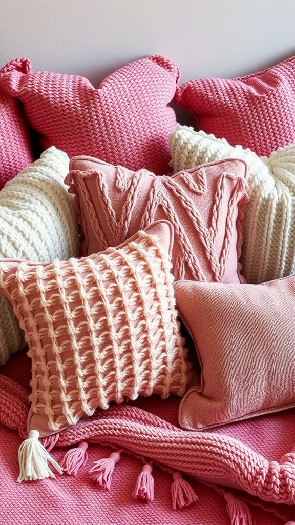 A variety of textured throw pillows in pink and cream colors arranged on a blanket.