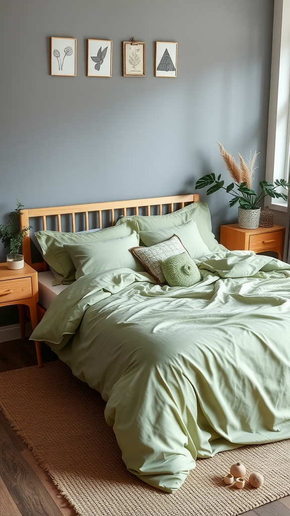 A cozy bedroom with sage green bedding, wooden furniture, and natural decor.