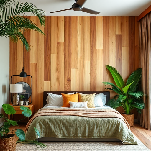 A cozy bedroom featuring a natural wood accent wall, a bed with decorative pillows, and green plants.