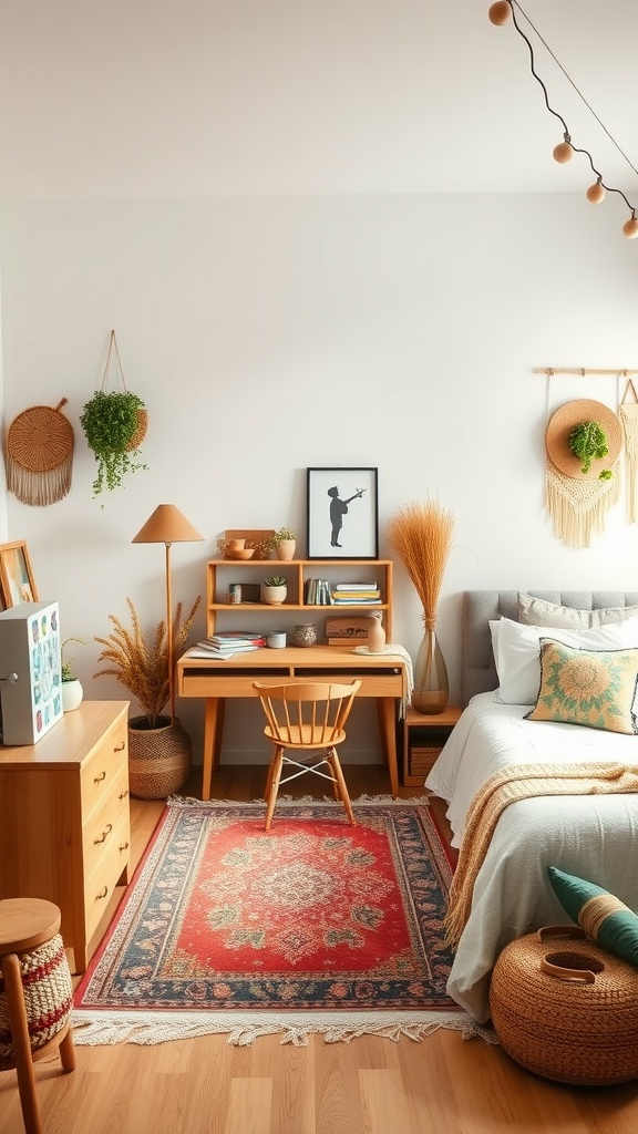 Boho-style dorm room with natural wood accents and plants.