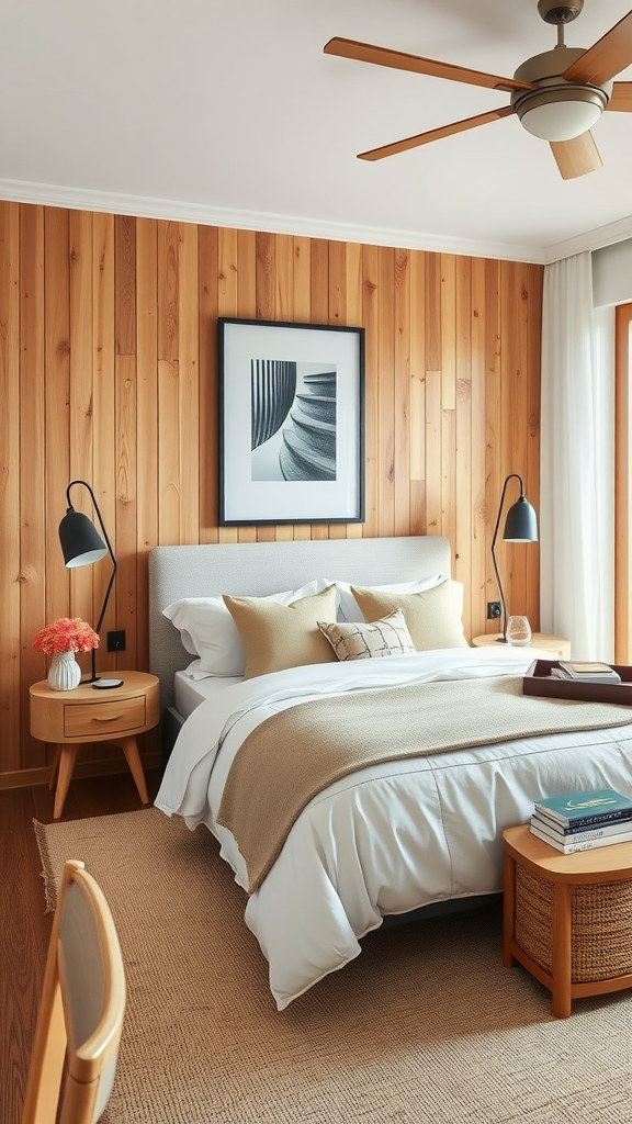 Cozy modern bedroom with natural wood accents and neutral decor.