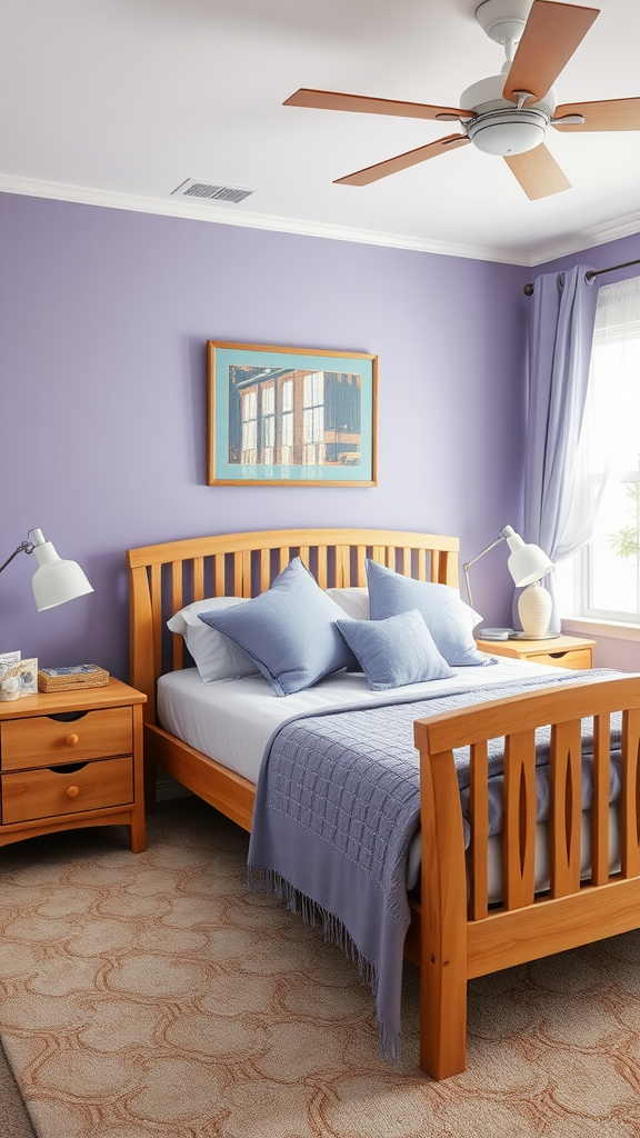 A cozy bedroom featuring natural wood furniture and soft purple walls.