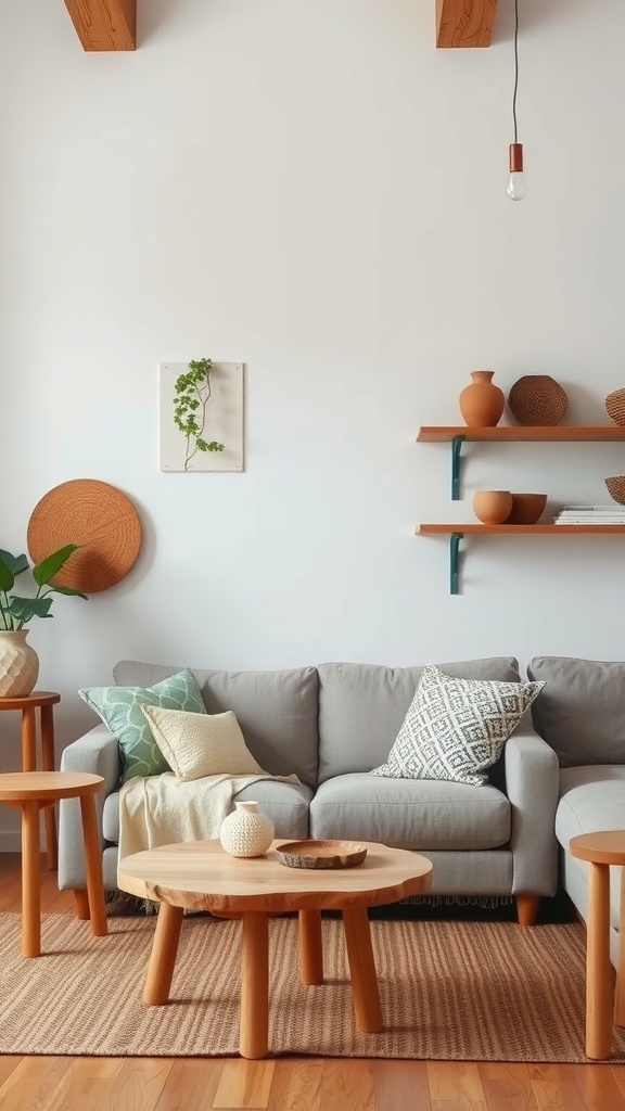 A cozy living room with natural wood accents, featuring wooden tables, a gray sofa, and warm decor.