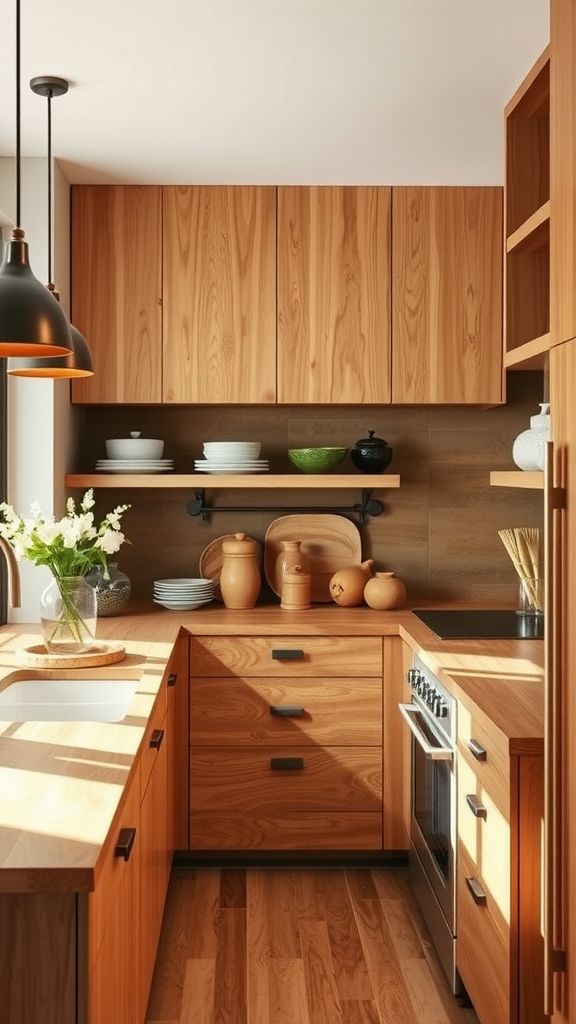 A modern kitchen featuring natural wood cabinets and accents.