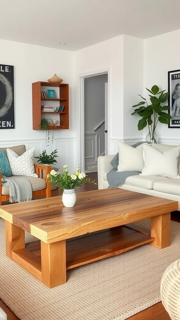 Cozy cottage living room featuring a natural wood coffee table with fresh flowers.