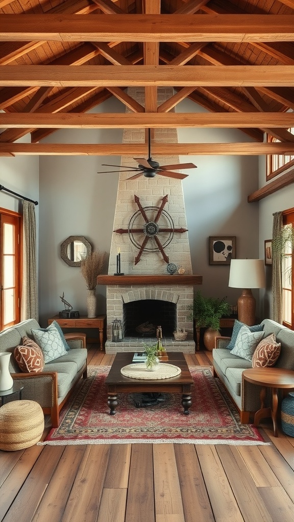 A rustic boho living room with natural wood beams, furniture, and a warm atmosphere.