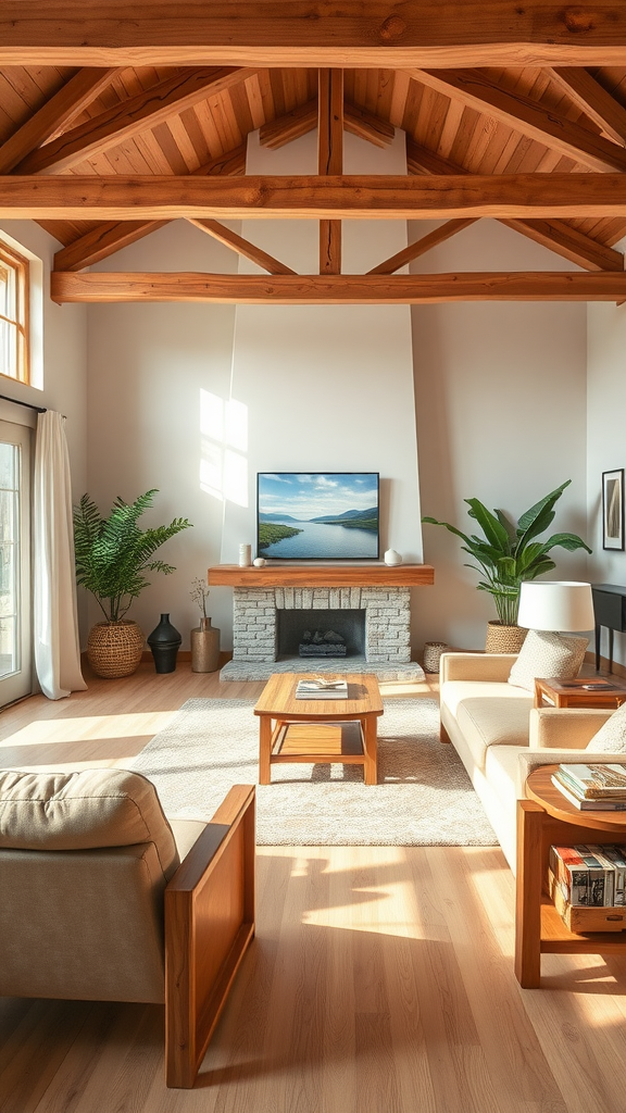 Cozy living room featuring natural wood elements with a warm color palette.