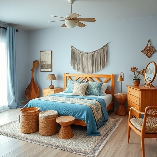 A cozy bedroom featuring natural wood elements with a blue bedspread, wooden furniture, and soft lighting.