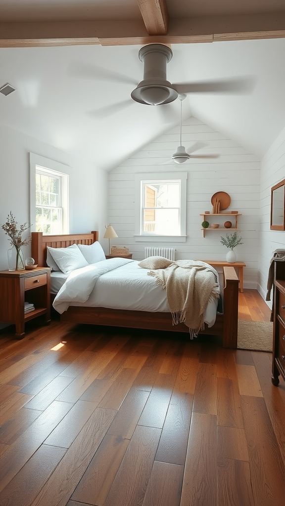 Cozy bedroom with natural wood flooring and warm decor