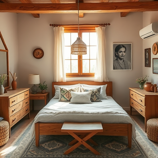 A cozy bedroom featuring natural wood furniture, including a bed, side tables, and decor, with a bright window and warm lighting.