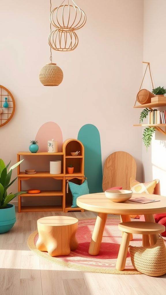 A bright and playful playroom featuring natural wood furniture, including a round table, stools, and a wooden shelf.