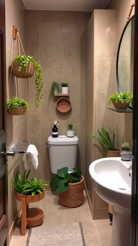 A cozy bathroom featuring various plants, earthy tones, and natural decor.