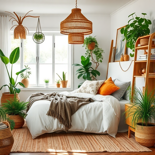 A cozy bedroom filled with plants and natural decor, showcasing nature-inspired accessories.