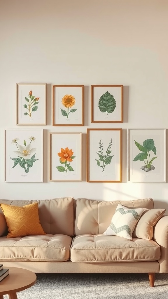 A cozy living room with a beige couch and nature-inspired botanical art on the wall.