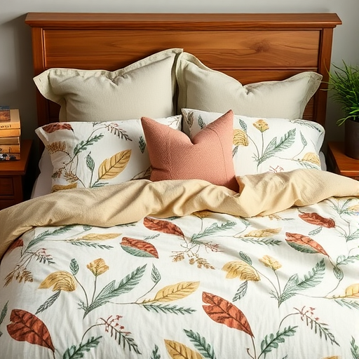 Bedding with leaves and floral patterns on a wooden bed frame.