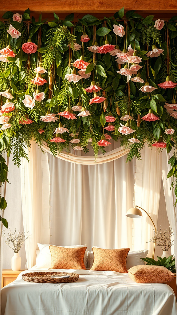 A cozy bed with a nature-inspired floral canopy overhead.