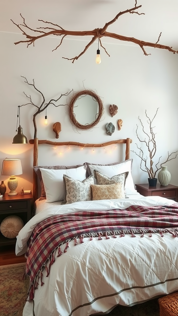 A cozy bedroom featuring nature-inspired decor with wooden elements and earthy tones.