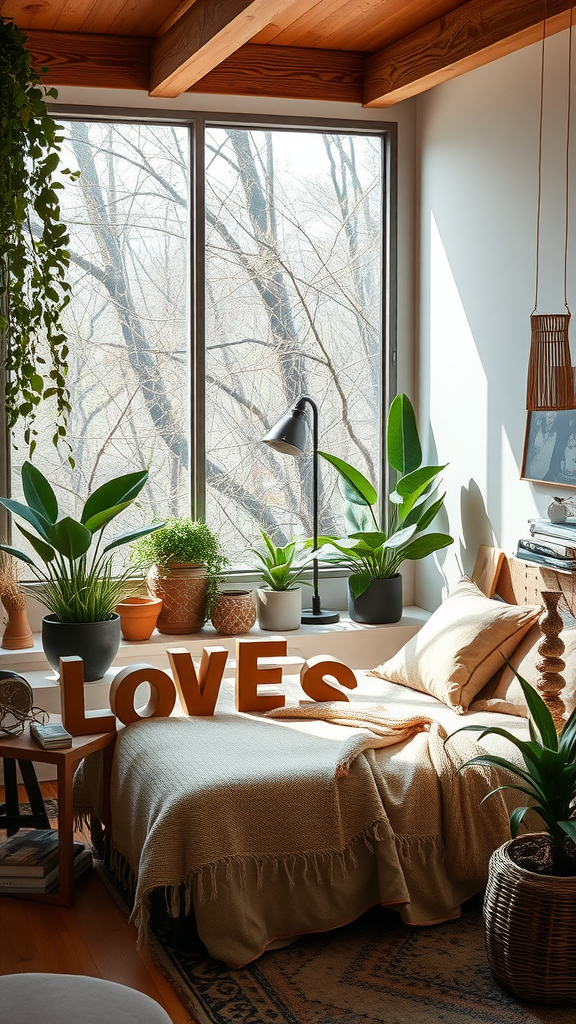 Aesthetic men's bedroom with natural decor, featuring plants and a cozy bed