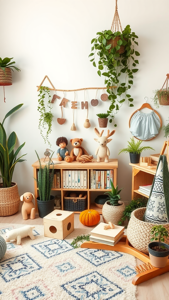 A cozy boho playroom featuring plants, toys, and natural decor.