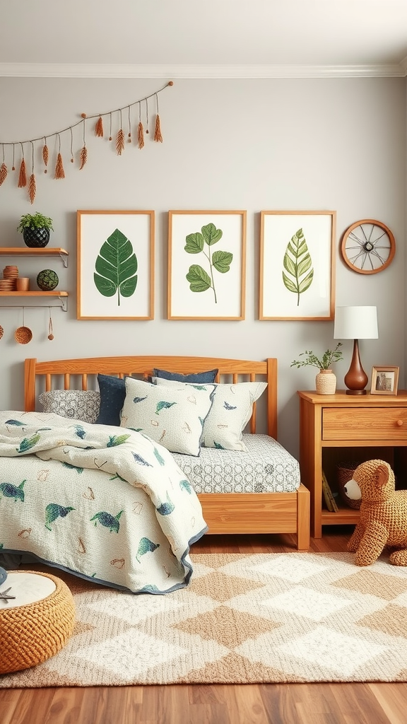 A cozy bedroom featuring nature-inspired decor with leaf prints, wooden furniture, and a warm color palette.