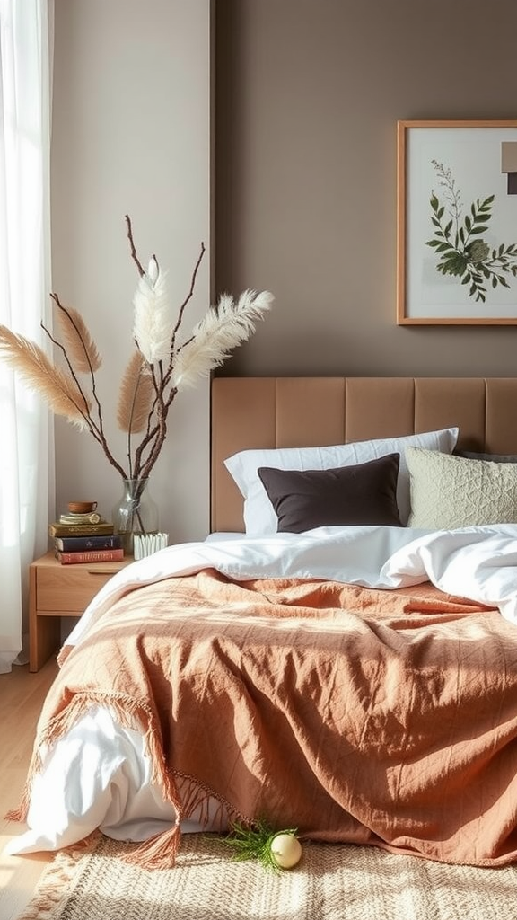 A cozy bedroom featuring natural decor elements like dried flowers and earthy tones.