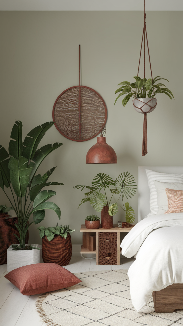 A modern bedroom featuring rust-colored decor, potted plants, and a cozy atmosphere.