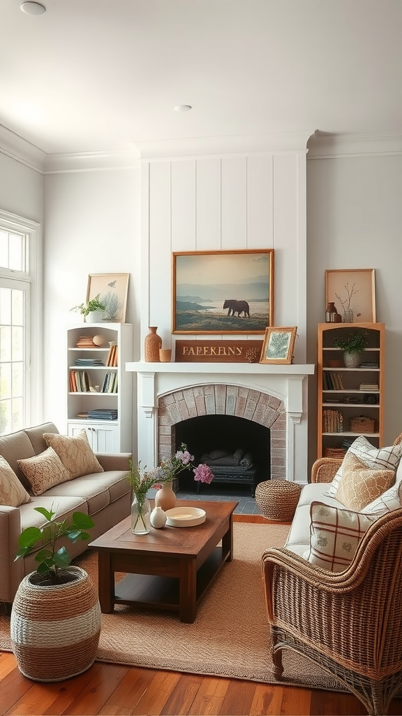 Cozy living room with nature-inspired wall art and vintage decor elements.