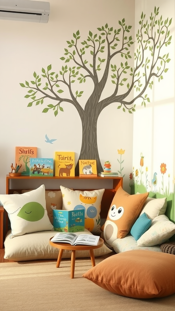 A cozy nature-themed storytime area with a tree mural, animal cushions, and a small reading table.