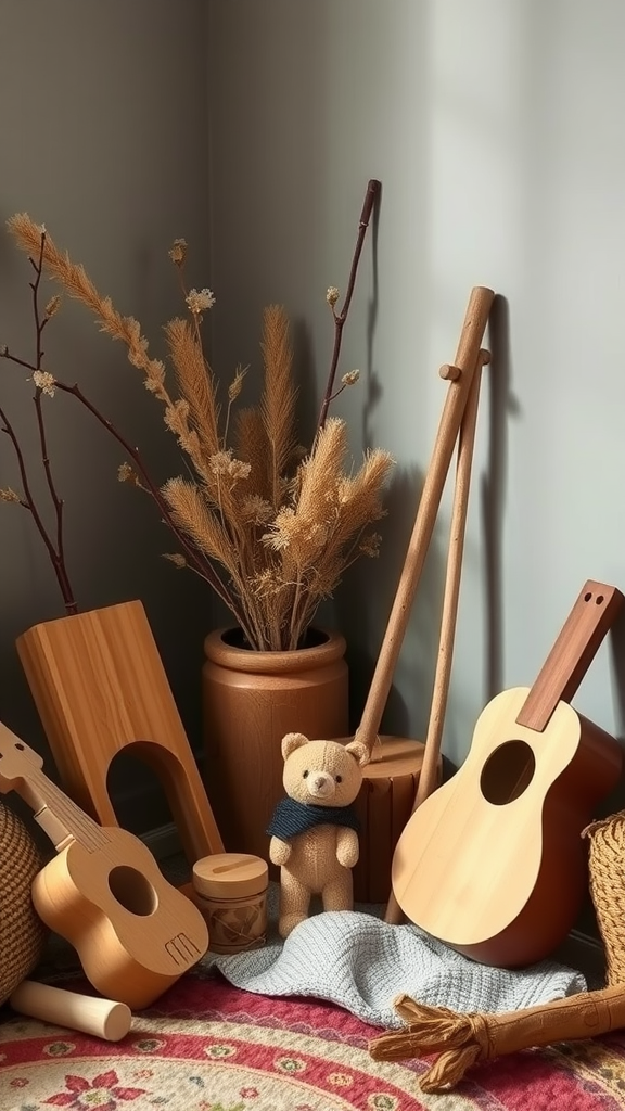 A cozy corner with wooden musical instruments and dried plants, ideal for a Nature Sound Corner in a playroom.