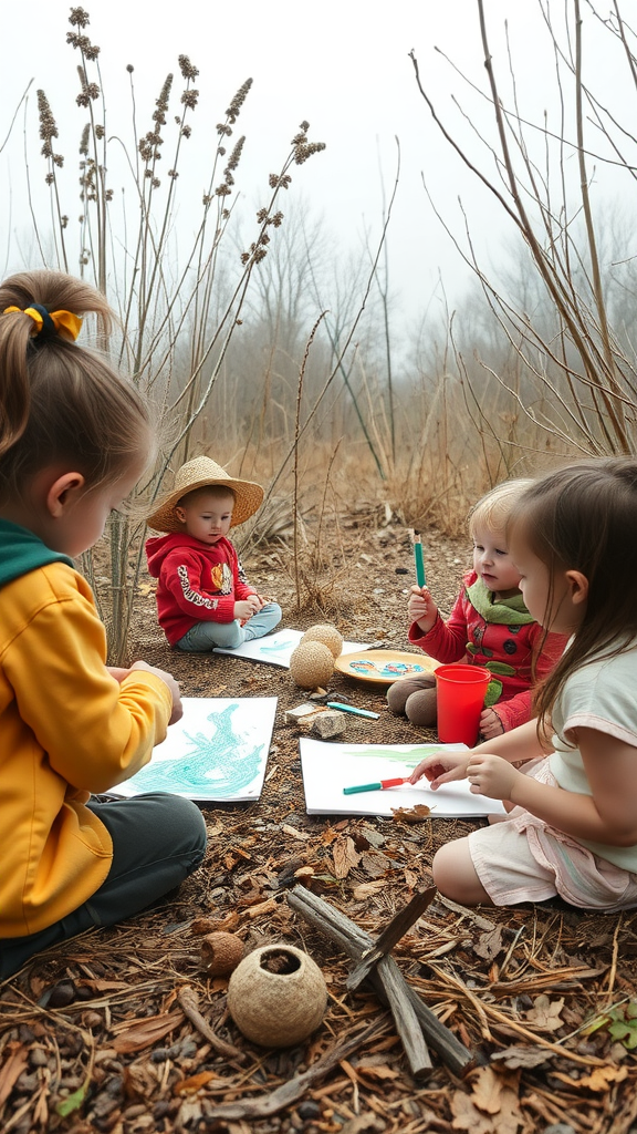 Children sitting on the ground in a nature setting, engaging in art projects with natural materials.