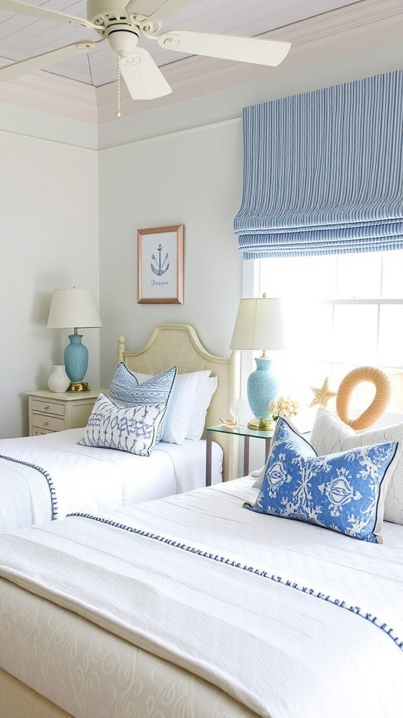 A bright and airy room featuring a nautical-inspired color palette with blue and white bedding, decorative pillows, and light wood accents.